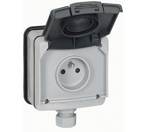 Plexo Серый Розетка с/з с крышкой накладная (в сборе)  IP66  090466  Legrand