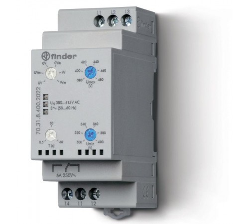 Контрольное реле для 3-фазных сетей; пониженное/повышенное напряжение, обрыв/чередование фаз, настраиваемые диапазоны;  703184002022  Finder