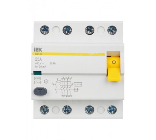 Выключатель дифференциальный (УЗО) ВД1-63 4п 25А 30мА тип AC  MDV10-4-025-030  IEK