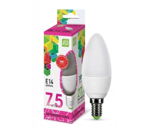 Лампа светодиодная LED-СВЕЧА-standard 7.5Вт 230В Е14 6500К 675Лм  4690612019031  ASD