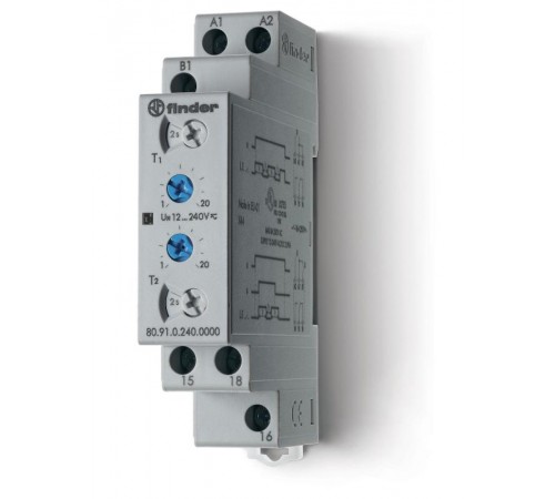 Модульный таймер 2-функциональный (LI, LE); питание 24...240В АС/DC; 1CO 16A; ширина 17.5мм; регулировка времени 0.1с...24ч; степень защиты IP20