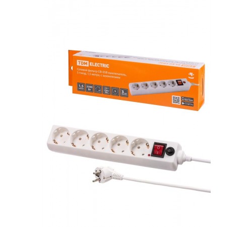 Сетевой фильтр СФ-05В выключатель, 5 гнезд, 1,5 метра, с/з, ПВС 3х0,75мм2 10А/250В белый  SQ1304-0016  TDM