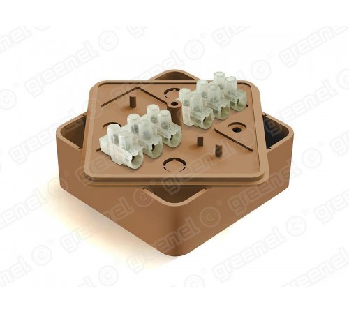 Коробка распределительная для о/п 75х75х28мм с клеммной колодкой ЗВИ-5 (1,5-4мм2) 6 клемм, IP40, цвет -ОРЕХ (80шт)  GE41216-14  GREENEL