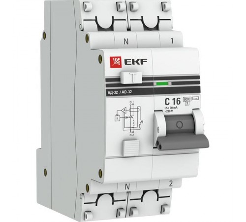 Дифференциальный автомат АД-32 1P+N 16А/30мА (хар. C, AС, электронный, защита 270В) 6кА EKF PROxima  DA32-6-16-30-ac-pro  EKF (замена - D63N26E16C30