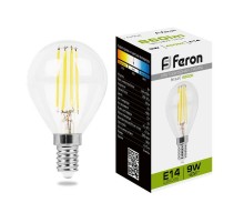 Лампа светодиодная LB-509 (9W) 230V E14 4000K филамент G45 прозрачная  38002  FERON