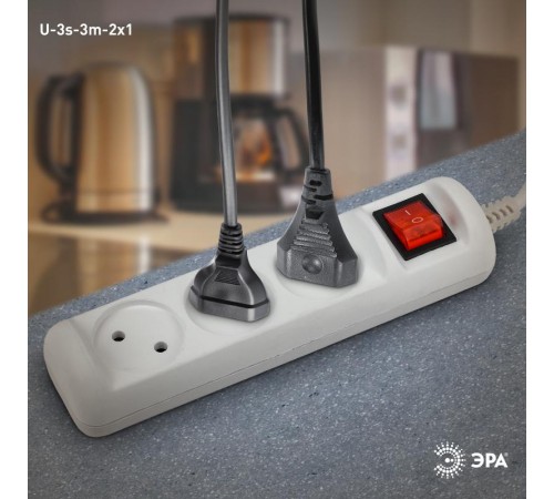 U-3s-3m-2x1 Удлин-ль без заземл, с выкл, 3гн, 3м, ПВС, 2х1мм2, 10А (20/720)  Б0044050  ЭРА