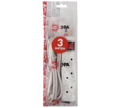 U-3s-3m-2x1 Удлин-ль без заземл, с выкл, 3гн, 3м, ПВС, 2х1мм2, 10А (20/720)  Б0044050  ЭРА