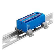 Блок распределительный с гориз. адапт. на рейку шириной 35мм, зажим push-in, 1 ввод 6 кв.мм, 18 точки подкл. 2,5 кв.мм, синий  DTP1-118-104SPUB-H  D