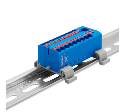 Блок распределительный с гориз. адапт. на рейку шириной 35мм, зажим push-in, 1 ввод 6 кв.мм, 18 точки подкл. 2,5 кв.мм, синий  DTP1-118-104SPUB-H  D
