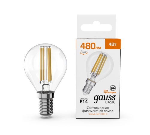 Лампа светодиодная   Basic Filament Шар 4W 480lm 3000K E14 LED 1/10/50  50512142  Gauss