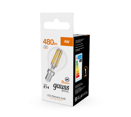 Лампа светодиодная   Basic Filament Шар 4W 480lm 3000K E14 LED 1/10/50  50512142  Gauss