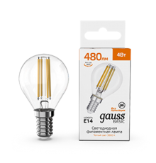 Лампа светодиодная   Basic Filament Шар 4W 480lm 3000K E14 LED 1/10/50  50512142  Gauss