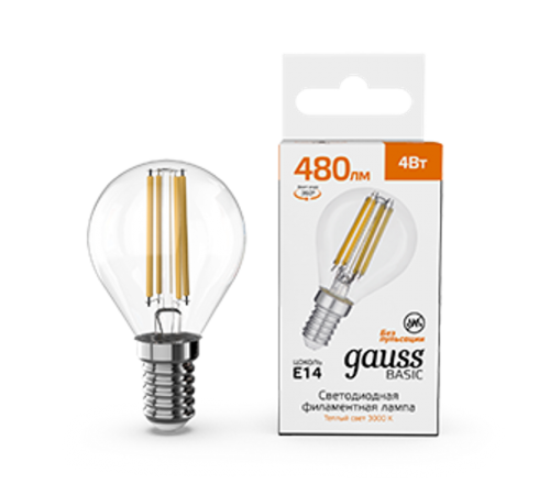 Лампа светодиодная   Basic Filament Шар 4W 480lm 3000K E14 LED 1/10/50  50512142  Gauss