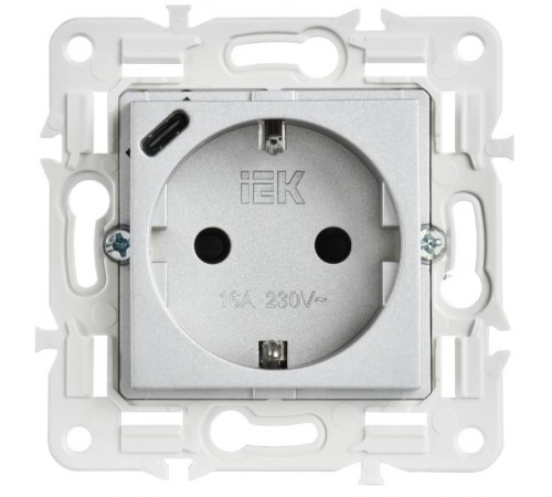 SKANDY Розетка с заземлением с защитными шторками 16А с USB C 18Вт SK-R17S серебряный   SK-R14-16-U14-018-K23  IEK