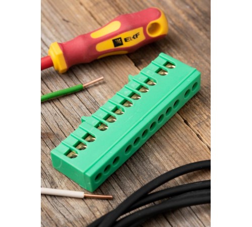 Шина "0" PE (6х9мм) 12 отверстий латунь зеленый изолированный корпус на DIN-рейку EKF PROxima  sn0-63-12-ig  EKF