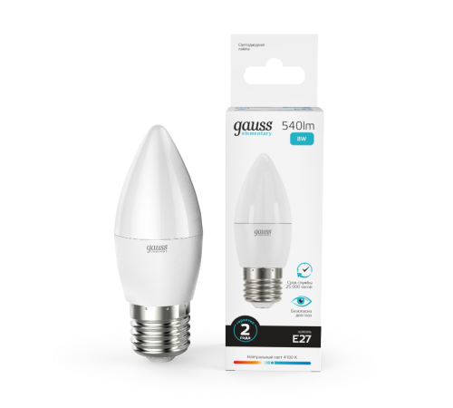 Лампа светодиодная LED 8Вт E27 220В 4100К Elementary свеча  33228  Gauss