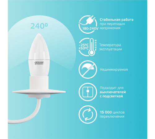Лампа светодиодная LED 8Вт E27 220В 4100К Elementary свеча  33228  Gauss