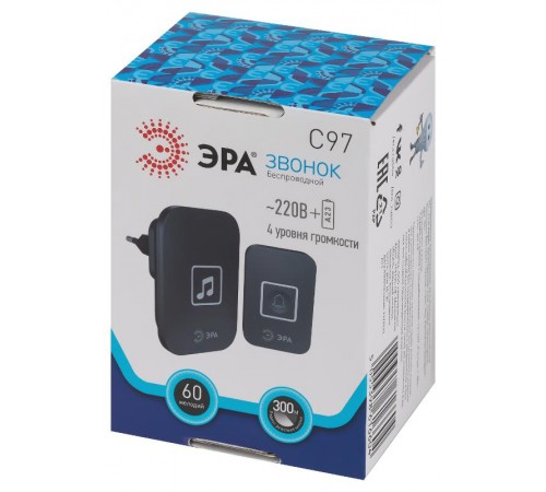 Звонок дверной С97 беспроводной, от сети, черный, 60 мелодий  Б0054086  ЭРА