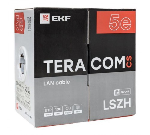 Кабель витая пара TERACOM CS Cat.5E U/UTP 4 пары solid 24AWG нг(А)-LSLTx цвет серый упак. 305м  TRCS-5EUTP-04LTX-GY-IN3  EKF