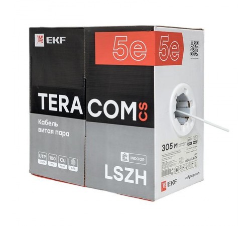 Кабель витая пара TERACOM CS Cat.5E U/UTP 4 пары solid 24AWG нг(А)-LSLTx цвет серый упак. 305м  TRCS-5EUTP-04LTX-GY-IN3  EKF