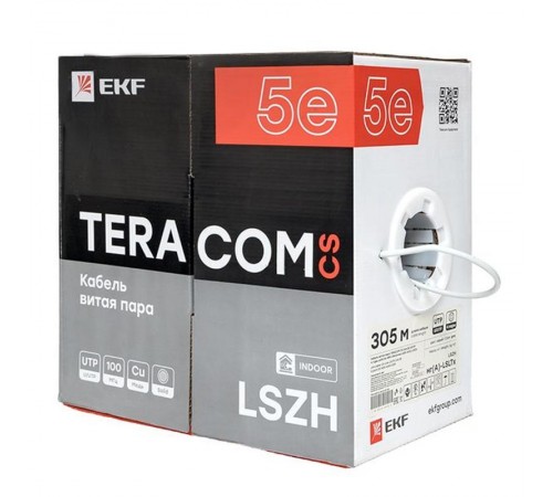 Кабель витая пара TERACOM CS Cat.5E U/UTP 4 пары solid 24AWG нг(А)-LSLTx цвет серый упак. 305м  TRCS-5EUTP-04LTX-GY-IN3  EKF