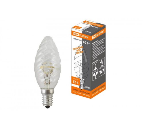 Лампа накаливания ЛОН 40Вт E14 230В свеча витая прозрачная  SQ0332-0013  TDM