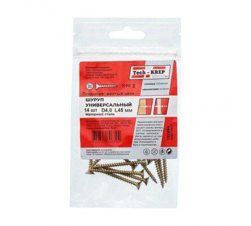 Саморез ШУж 4,0х45 пот. гол. (14 шт) - пакет ( 0,034 кг)  102494  Tech-KREP