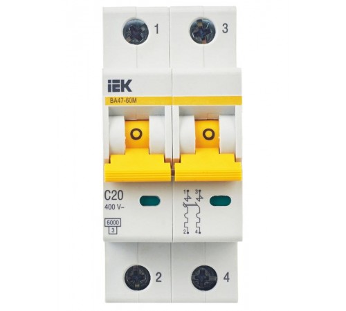 Выключатель автоматический двухполюсный ВА47-60M 2Р 20А 6кА С KARAT  MVA31-2-020-C  IEK