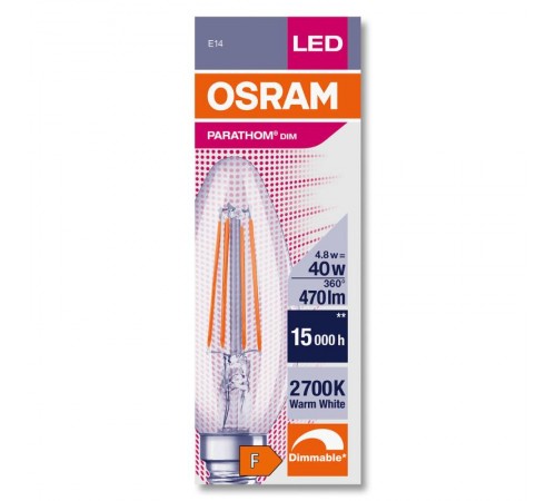 Лампа светодиодная филаментная диммируемая PARATHOM B 470лм 4,8Вт 2700К E14 колба B 300° прозр стекло 220-240В  4058075591219  OSRAM