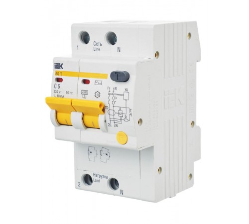 Выключатель автоматический дифференциального тока АД12 2п 6А C 10мА тип AC (3 мод)  MAD10-2-006-C-010  IEK