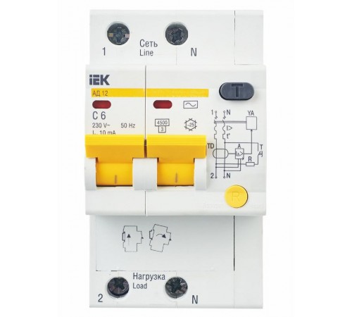 Выключатель автоматический дифференциального тока АД12 2п 6А C 10мА тип AC (3 мод)  MAD10-2-006-C-010  IEK