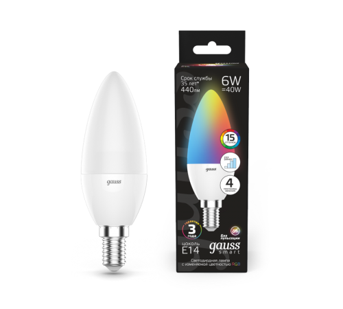 Лампа светодиодная Smart LED Свеча С37 6W E14 RGBW+dim 1/10/100  103101406  Gauss