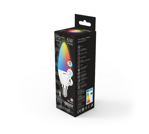 Лампа светодиодная Smart LED Свеча С37 6W E14 RGBW+dim 1/10/100  103101406  Gauss