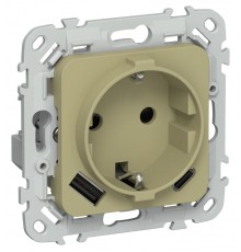 FLITE Розетка с заземлением со шторками 16А с USB A+C 20Вт РСЮшс11-0-ФлО оливковый  FI-R14-16-U22-020-K26  IEK