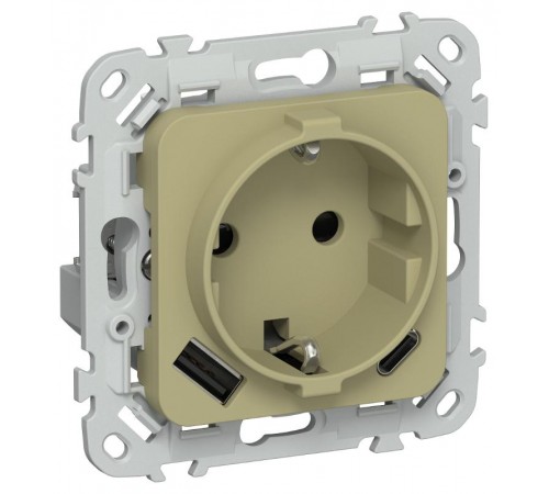 FLITE Розетка с заземлением со шторками 16А с USB A+C 20Вт РСЮшс11-0-ФлО оливковый  FI-R14-16-U22-020-K26  IEK