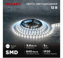 Лента светодиодная 12В, SMD2835, 9,6Вт/м, 60 LED/м, 4000K, 8мм, 5м, IP20  141-214  REXANT