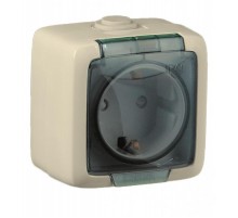 Розетка открытой установки, одноместная, с заземляющим контактом, со шторкой, брызгозащищенная, цвет слоновая кость  РА16-212-01  HEGEL