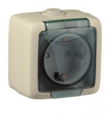Розетка открытой установки, одноместная, с заземляющим контактом, со шторкой, брызгозащищенная, цвет слоновая кость  РА16-212-01  HEGEL