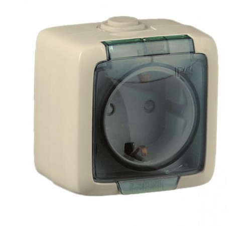 Розетка открытой установки, одноместная, с заземляющим контактом, со шторкой, брызгозащищенная, цвет слоновая кость  РА16-212-01  HEGEL