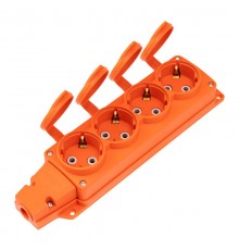 Розетка (колодка) влагозащищенная с крышкой 4 гнезда COMPACT, с/з, 16А, IP54, каучук, оранжевая  111-228  REXANT