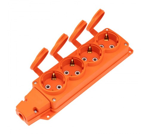Розетка (колодка) влагозащищенная с крышкой 4 гнезда COMPACT, с/з, 16А, IP54, каучук, оранжевая  111-228  REXANT