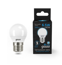 Лампа светодиодная Шар 6.5W 550lm 6500K E27 LED 1/10/100  105102307  Gauss