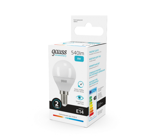 Лампа светодиодная LED 8Вт E14 220В 4100К Elementary шар  53128  Gauss