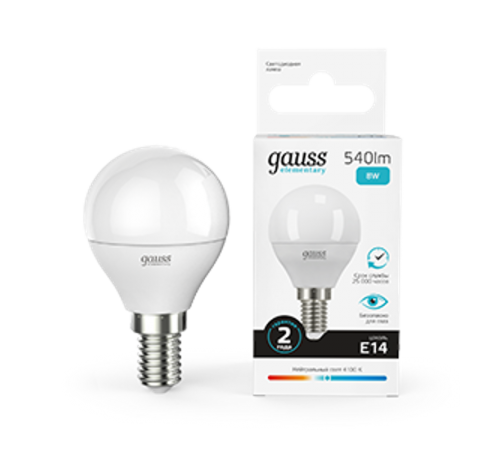 Лампа светодиодная LED 8Вт E14 220В 4100К Elementary шар  53128  Gauss