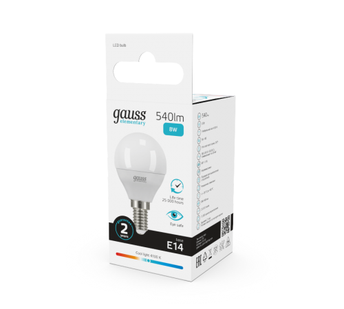 Лампа светодиодная LED 8Вт E14 220В 4100К Elementary шар  53128  Gauss