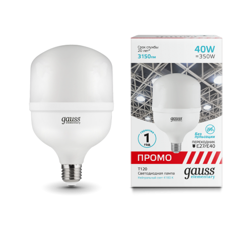 Лампа светодиодная промышленная Elementary T120 40W 3150lm 4100K E40 Promo LED 1/20  60424  Gauss