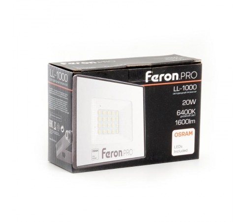 Прожектор светодиодный 20W 6400K IP65 AC220-240V/50Hz, черный, LL-1000  41538  FERON