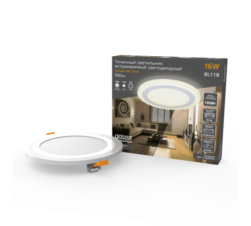 Светильник светодиодный встраиваемый Backlight BL118 Кругл. Акрил, 12+4W, LED 3000K, диам. 190,  BL118  Gauss