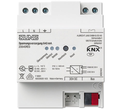 KNX блок питания, 640mA, монтаж на DIN-рейку, 4 модуля; KNX  20640REG  Jung