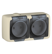 Розетка открытой установки, двухместная, со шторками, брызгозащищенная, цвет слоновая кость  РА16-242-01  HEGEL